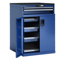 Drawer cabinets with hinged doors